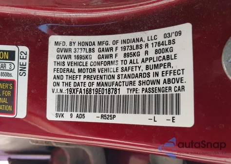 2009 Honda Civic Ex from USA, damaged, VIN 19XFA16819E018781